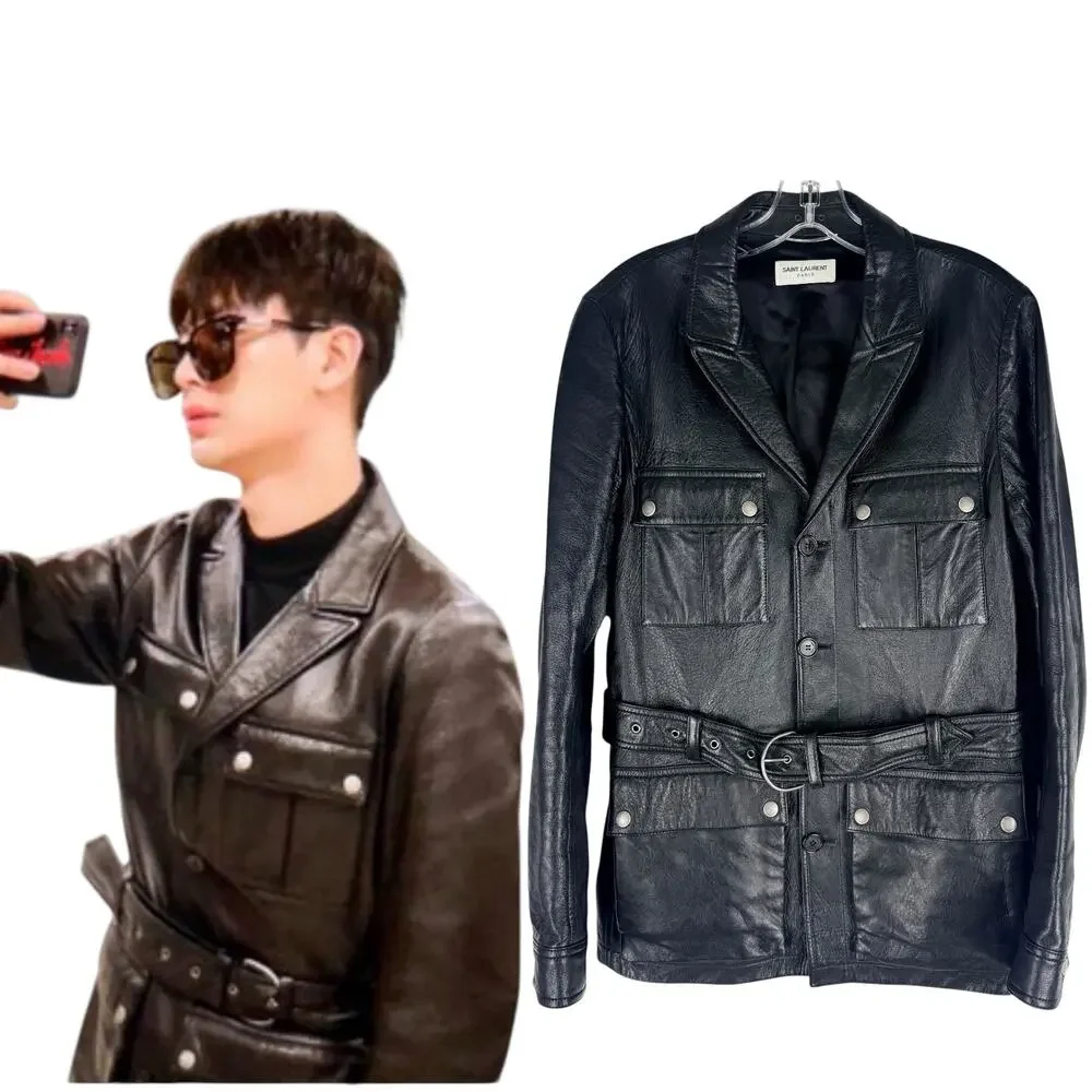 Saint Laurent Saharienne Lambskin Leather Belted Jacket K-Pop Black Mens Size 48